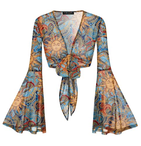 Image of Women Tie Front Bell Sleeve Rave Crop Tops Floral Print Hippie Mesh Sheer Shirt