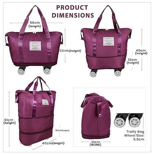 Image of Yatee Foldable Trolley Travel Bag with Wheels for Women & Men, Expandable Rolling Duffel Bag, Large Capacity Lightweight Luggage, Waterproof Carry Tote with Detachable Wheels for Travel