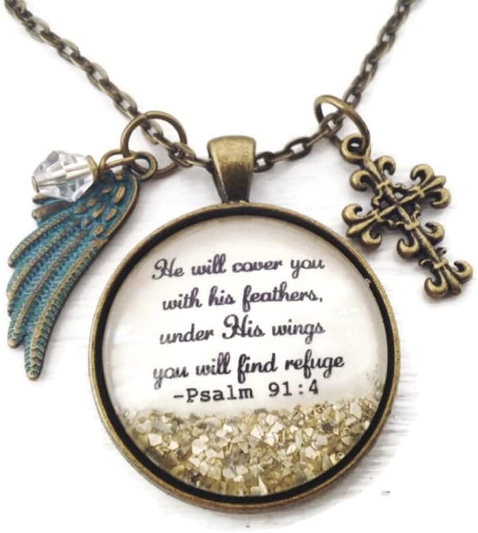 Bible verse necklace, Psalm 91:4, Christian necklace. scripture jewelry, baptism gift, inspirational gift