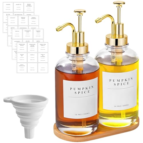 Lot de 2 Distributeurs Sirop Café, avec Pompes Dorée, Palette, Entonnoir, 36 Étiquettes, 500ml Bouteilles Sirop Verre, Distributeur Liquide, Bouteille Huile Vinaigre, Accessoires Café pour Bar