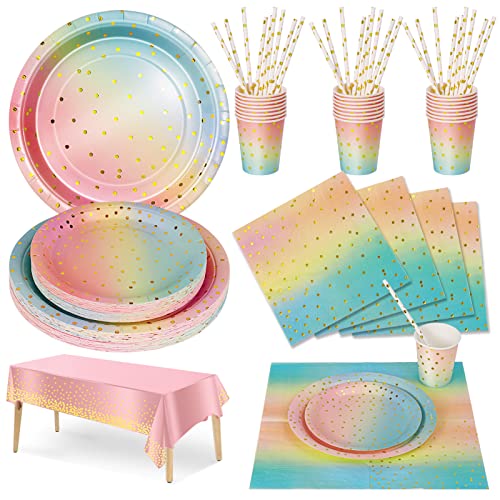Nkaiso 126pcs Pastel Arc en Ciel Party Vaisselle,Kit Vaisselles Anniversaire Assiette Dîner Papier Tasse Serviette, Enfants Party Fête Mariages Baby Shower...