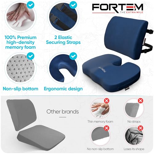 Image of FORTEM Seat Cushion & Lumbar Support for Office Chair, Wheelchair, Car | Memory Foam | Ergonomic Design | Washable Cover | Non Slip | Blue