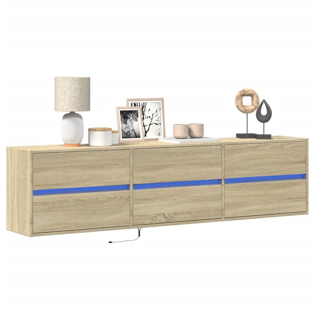 Ścienna szafka pod TV z LED dąb sonoma 180x31x45 cm meble wiszące do salonu z oświetleniem RGB przechowywanie mediów regulowany montaż ścienny