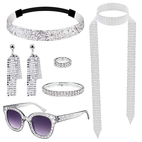 Baanfly 7Pcs 1970s Disco Accessories Women Set Bling Earrings Neckscarf Bracelet Ring Sequin Headband Sunglasses Hippie Costume Fancy Jewelry Kits for Girls 70s Theme Dance Party Abba
