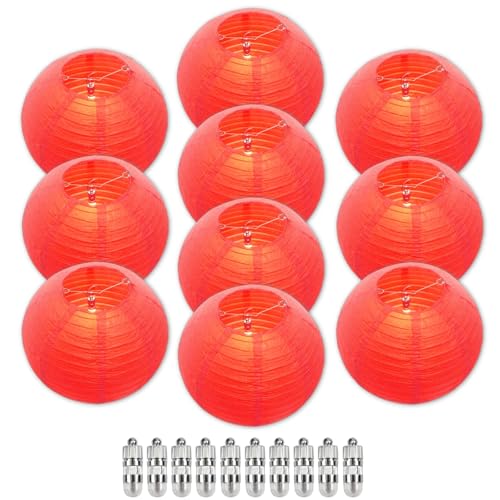 Image of Red Chinese Paper Lanterns with LED Lights, 10-Pack 12inch | Hanging Lights for Chinese New Year, Anniversary, Birthday Decorations, Ceiling Decor & Home Party
