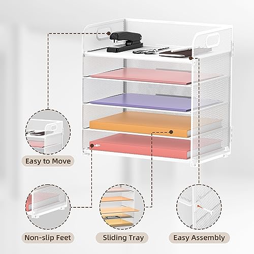 Image of Supeasy 5 Trays Paper Organizer Letter Tray with Handle-Mesh Desk File Holders, Paper Sorter Desk Organizer for Office, Home, Classroom or School, White