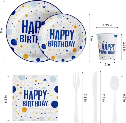 Image of Exquisite 350 Pcs Blue Happy Birthday Plates and Napkins Set, Blue Birthday Plates Set, 50 Of Each 9 inch Dinner Plate, 7 inch Dessert Plate, 12 oz Cups, Napkins & Cutlery Plastic Dinnerware Set Set
