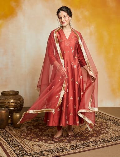 Image of Amazon Brand - Myx Women's Embroidered Kalidar Kurta Pant Set with Organza Dupatta (Available in Plus Sizes)