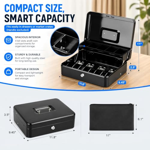Image of KYODOLED Metal Cash Box with Key Lock, Anti-Theft Cable & Waterproof Pouch | Heavy Duty 0.7mm Steel, Windproof Bill Clips, Hidden Compartment, for Flea Market Vendors & Small Business, 11.8 inch, Black