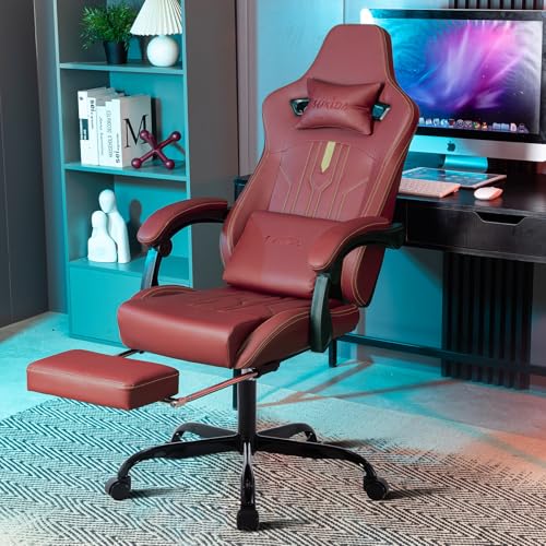Image of Gaming Chair with Footrest Ergonomic Computer Chair Massage Lumbar Cushion, Racing Video Game Chair Adjustable Rocker Recliner Executive Office Desk Chair Pu Leather for Adults, WineRed