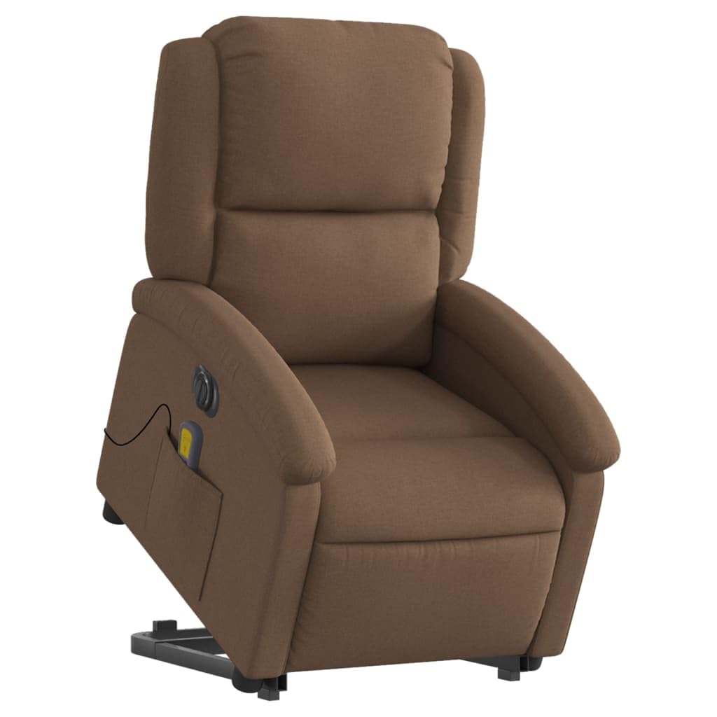 Sillón elevador eléctrico reclinable con masaje de 6 puntos, tejido marrón, función elevación y vibración, estructura estable de madera y metal, cómoda con bolsillo