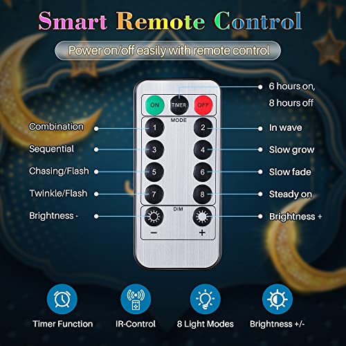 Hiboom 16 Ft Moon Star Ramadan String Lights 30 Leds, Battery Operated Eid Mubarak Fairy Lights For Ramadan Decoration, Eid Decorative Lights With Remote Control (Colorful) #TOP6