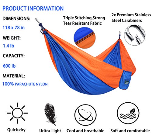 Esup Xl Camping Hammock -Multifunctional Lightweight Nylon Portable Hammock, Best Parachute Hammock For Backpacking, Camping, Travel (Blue/Orange, 118"(L) X 78"(W)) #TOP1