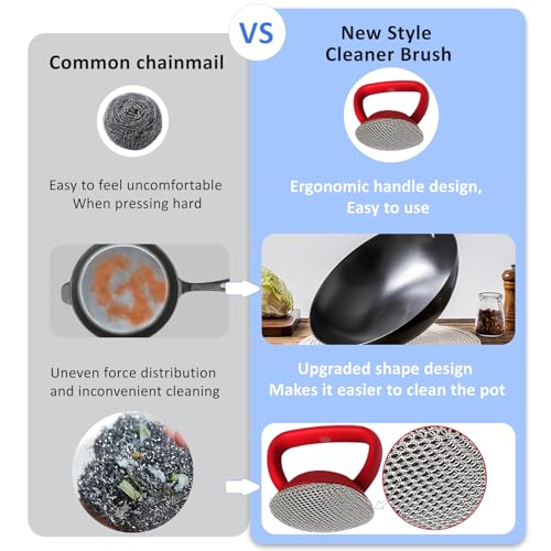 Image of Cast Iron Scrubber with Handle 316L Stainless Steel Chainmail Scrubber for Cast Iron Pan Skillet Cleaner,Skillets and Grills (Blue)