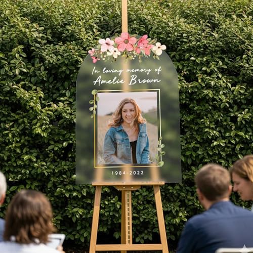 Image of Personalized in Loving Memory Sign for Funeral with Photo - Floral Funeral Welcome Sign - Custom Funeral Sign - Celebration of Life Decorations