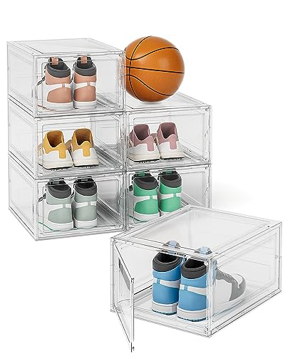 FUNLAX Shoe Storage Box, 6 Pack Shoe Boxes Clear Plastic Stackable, Shoe Organizer with Magnetic Doors, Drop Front Shoe Box, Shoe Case for Sneaker Storage, Closet, Entryway, Underbed Shoe Storage