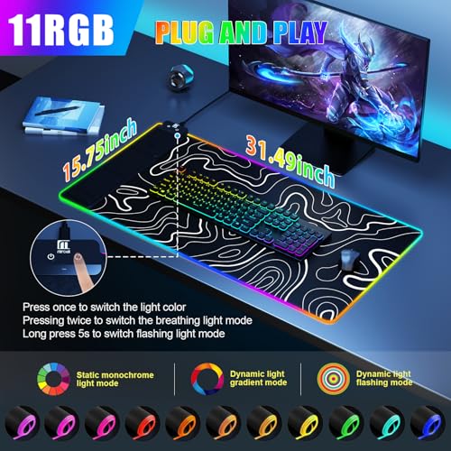 Image of Mouse Pad with Phone Holder, Wireless Charging Desk Mat, RGB Gaming Mousepad Home Office Large Desk Pad with Ultra-Smooth Surface, Non-Slip Base, Waterproof Keyboard Pad,Topographic Black