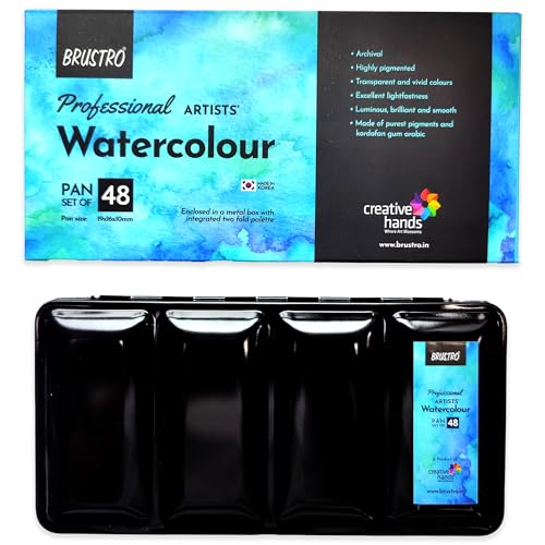 Image of BRUSTRO Artists Professional Watercolour Half Pan Set of 48 | Ideal for Landscape, Portrait, Paper, Painting Dry & Wet, Fine Art