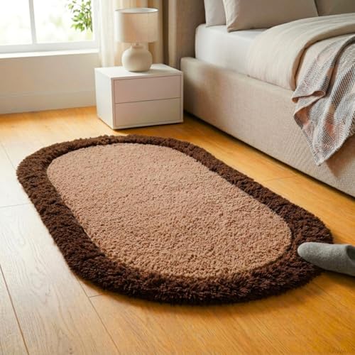Image of Shaggy Runner, Polyester Rug, Hallway Carpet, Bedside Runner, Plush Area Rug, high Pile Rug, 2 inch Pile, Fluffy Floor mat. - (2x3 feet, Beige /Coffee, Oval)