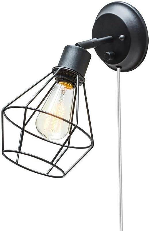 GLOBE Electric 65291 Aplique de pared de jaula industrial enchufable o cableado de 1 luz, acabado negro mate, interruptor giratorio de encendido/apagado, cable transparente de 6 pies, luces de pared para dormitorio, bombilla no incluida