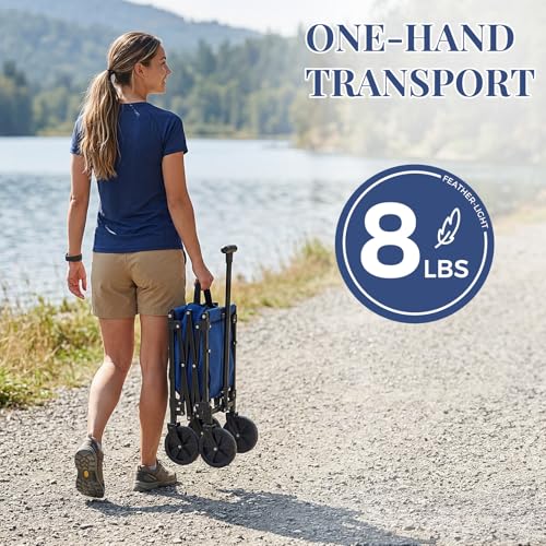 Image of DUMOS Collapsible Wagon with Wheels, 220LBS Wagons Carts Foldable Small Wagon Cart with Flexible Handle, Lightweight Portable Folding Utility Grocery Shopping Cart for Sports Garden Camping, Blue