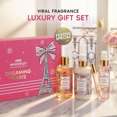 Image of Nykaa Wanderlust Dreaming Of Paris Luxury Bath and Body Care Gift Set Box | Shower Gel, Body Lotion, Body Mist and EDP Perfume | Pack of 4 | For Women | Gifting Kit for Birthday, Anniversary & All Special Occasions | Premium Gift Set