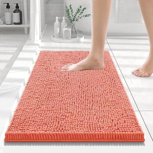 Smiry Luxury Chenille Bathroom Rugs 24x16, Extra Soft and Absorbent Shaggy Bath Mat, Machine Washable, Non-Slip Plush Carpet Runner for Tub, Shower, and Floor, Home Decor Accessories, Coral