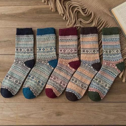 5 Pack Crew Socks for Women Vintage Cotton Fall Thick Ankle Socks Boho Knit Warm Soft Boot Long Sock Breathable Stocking