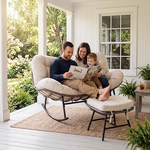 GarveeTech Double Papasan Rocking Chair Set 2-Person Large Rattan Wicker Egg Chair with Ottoman Oversized Lounge Rocker Loveseat Couch for Patio Backyard Indoor/Living RoomBeige
