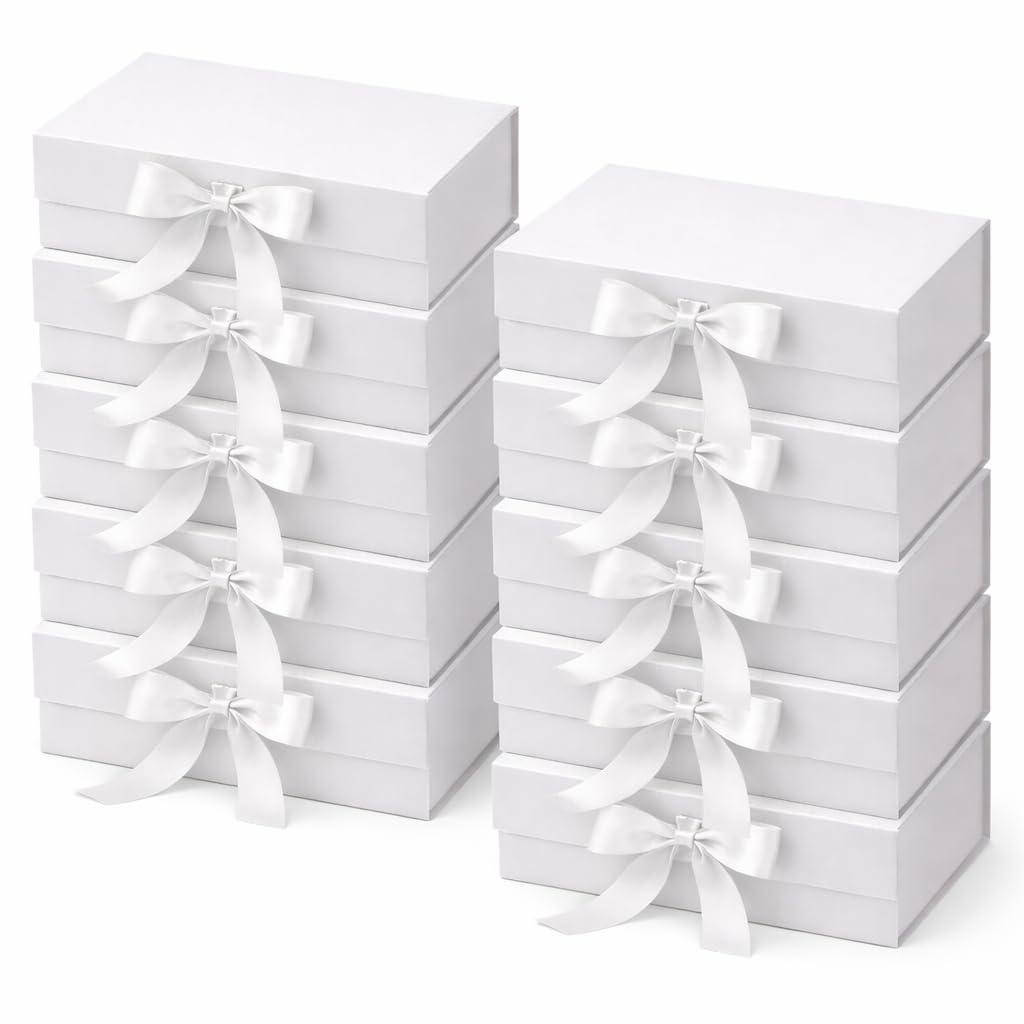 Trendi Premium Gift Box 33x27x13 cm with Bow Ribbon – Large Luxury Folding Gift Box with Magnetic Closure | Reusable Elegant Present Box for Weddings, Birthdays & Holidays (White, Large, Set of 10)