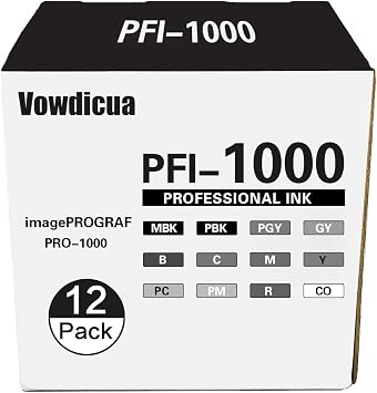 PFI-1000 Ink Cartridges12-Pack, MBK, PBK, C, M, Y, R, GY, B, PGY, PC, PM, CO Compatible PFI 1000 Ink Cartridges Replacement for imagePROGRAF PRO 1000 Printer