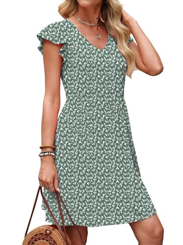 Image of OFEEFAN Summer Dresses for Women Beach Vacation Clothes V Neck Ruffle Sleeve Babydoll Dress Elegant Classy Sundress