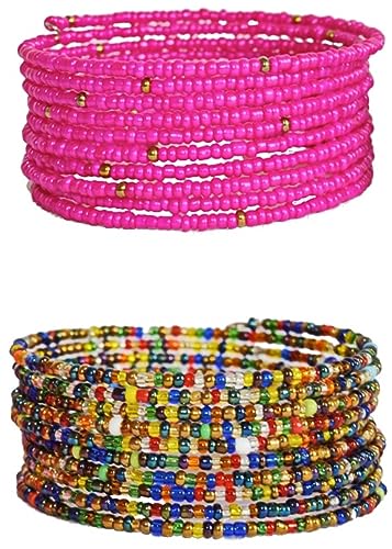 TEMBO AFRICA Set of 2 Handmade Beaded Bracelets for Women 10 loops each Wrap Bracelets Boho Jewelry Gifts MADE OF SEED BEADS ONLY Multicolored Pink, KB56