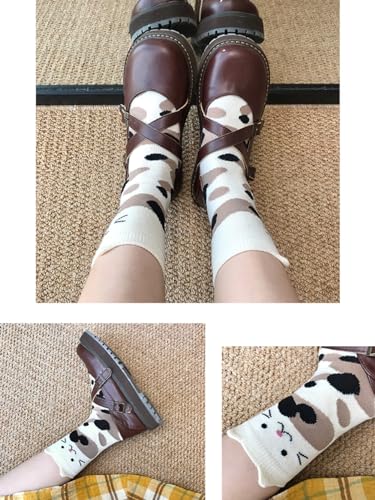 Image of Cat Themed Mid Calf Socks - 5 Pairs Cotton Animal Socks for Women & Girls