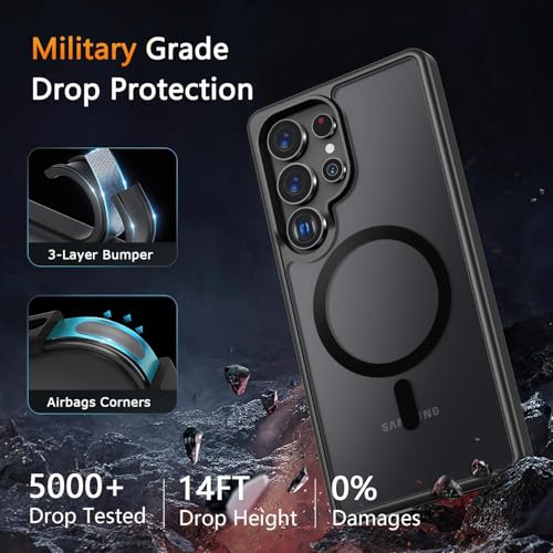 Image of Elzzi Magnetic Guard Designed for Samsung S25 Ultra 5G Case Translucent Matte Hard PC + TPU Back Cover [Compatible with MagSafe] Anti-Scratch Phone Case (Black)