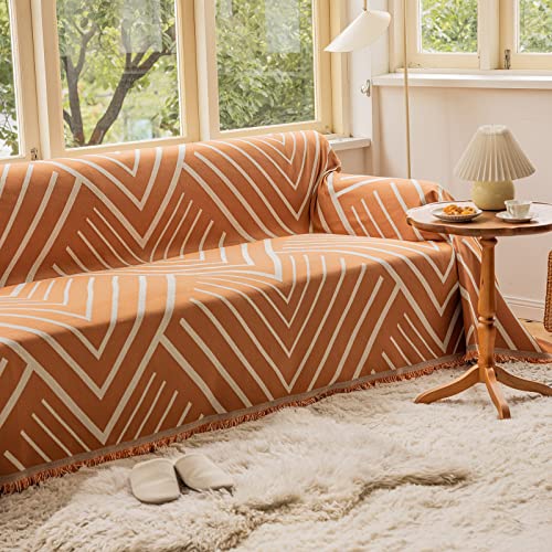 Herringbone Couch Cover Beige Orange Sofa Cover Soft Chenille Couch Cover Boho Dog Cat Pet Sofa Slipcover Geometric Futon Couch Cover With Tassels Furniture Protector Sectional Couch Cover, 71"X 118" #TOP6