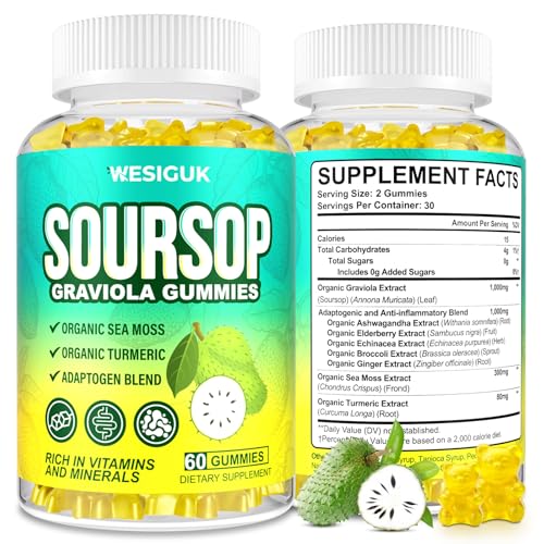 Soursop Graviola Gummies, Max Strength Soursop Leaves Extract with Sea Moss, Turmeric for Cell Support & Regeneration, Immunity, Liver and Antioxidant, Sugar/Gluten Free, Vegan - 60 Soursop Gummies