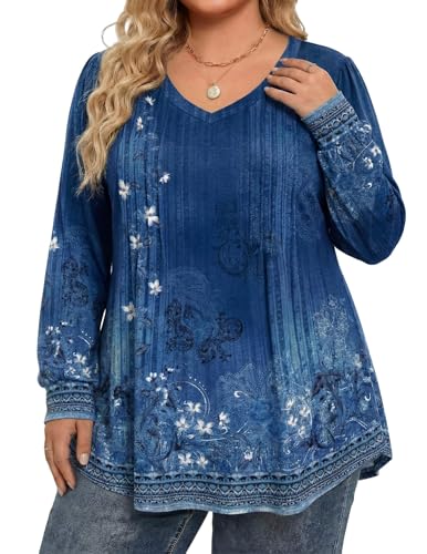 Image of IN'VOLAND Womens Plus Size Shirts V Neck Puff Long Sleeve Tops | Loose Fit, Dressy Casual Blouse, Pleated, Fall Outfits, Business Work TShirts, Basic Tees