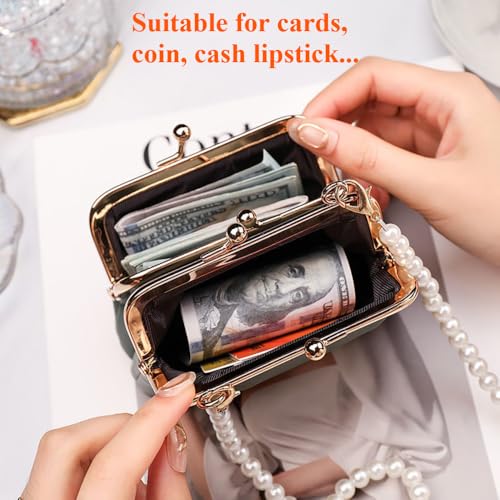 Cute Crossbody Credit Card Bag Double Pouches Wallet Purse with Pearl Straps& Kiss-Lock, Shoulder Bag Hand bag for Women3