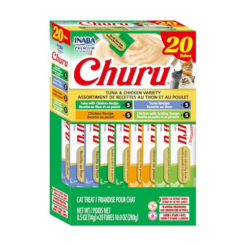 Image of INABA Churu Cat Treats, Lickable, Squeezable Creamy Puree Cat Treat with Green Tea Extract & Taurine, 0.5oz. Each Tube, 20 Tubes, Tuna & Chicken Variety