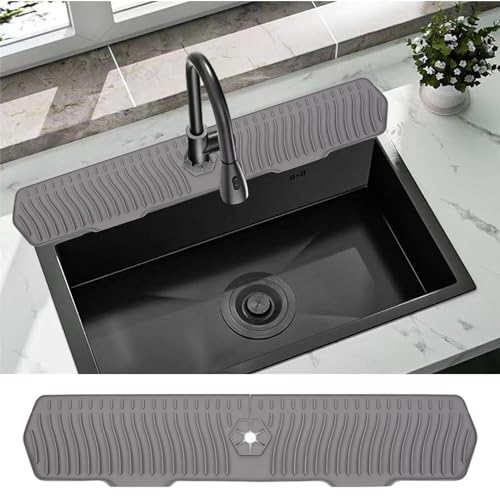 Image of 30 Inch Sink Splash Guard, Large Size Kitchen Sink Splash Guard, Longer Silicone Faucet Handle Drip Catcher Tray for Kitchen Countertop, Bathroom, Farmhouse (Grey)