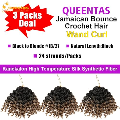 QUEENTAS 3Packs Crochet Hair for Women Extensions 8 inch Gogo Jamaican Crochet Hair Ombre Braiding Hair 36 Roots (8inch,#1B/27) - Image 2