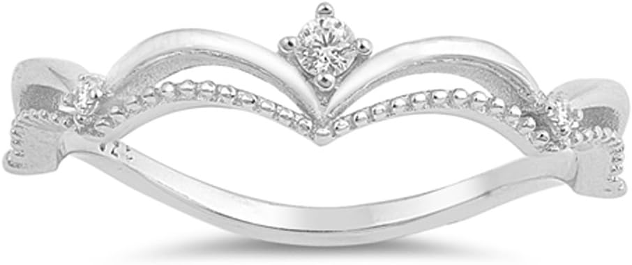White CZ Tiara Wave Solitaire Accent Ring .925 Sterling Silver Band Sizes 5-10
