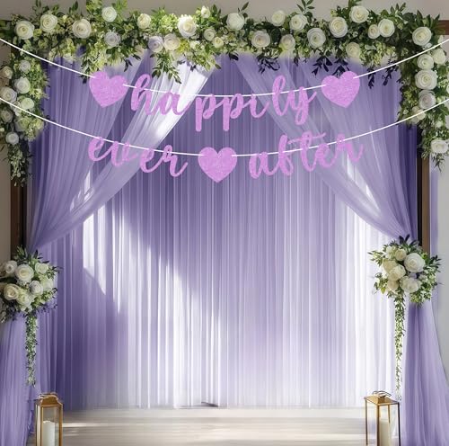 Image of Pre-Strung Happily Ever After Banner - Purple Glitter Bachelorette Bridal Engagement Party Decoration Supplies, Bachelorette Wedding Party Banner for Engagement, Bridal Shower, Wedding Party Photo Booth Props