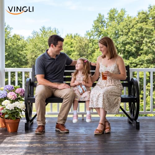 Image of VINGLI Rustic Wooden Wheel Bench Outdoor Bench, Patio Bench Wagon Slatted Seat, Garden Benches for Outdoors 350lbs High Capacity, Weather Resistance (Black, 55in)