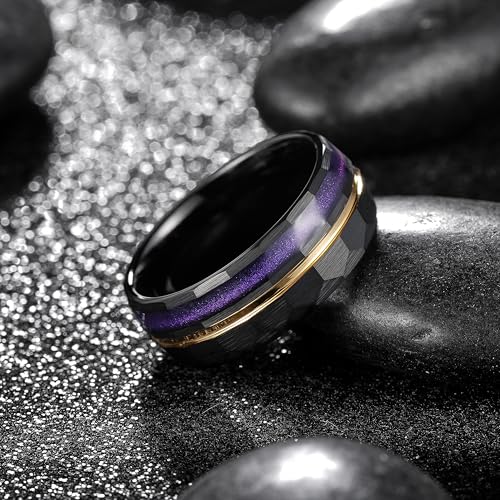 King Will Black Tungsten Ring for Men Hammer Wedding Band Gold Groove Sand Inlay3