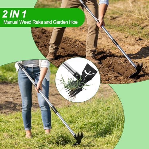 150cm Weed Puller Tool with Long Handle, 2-in-1 Manual Weeding Rake and Garden Hoe, Adjustable-length Weed Remover Hoe for Yard, Patio, Vegetable Patches, Lawn & Garden - Image 5