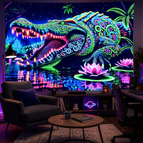 Image of BlissYard Blacklight Tapestry 78x59 Inch Neon Alligator Wall Hanging Glow in the Dark Trippy Jungle Blacklight Tapestry for Game Room Bedroom Lounge Dorm Wall Decor Psychedelic Poster