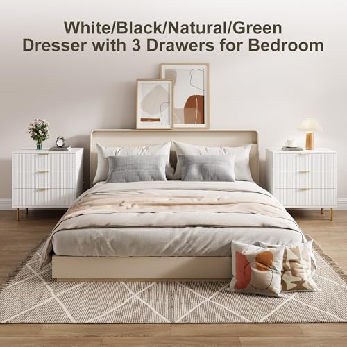GarveeHome White 3 Drawer Dresser for Bedroom, Large Nightstand Chest of Drawers, Modern Wood Storage Dresser Organizer with Gold Metal Handles & Anti-Tipping Device for Hallway, Entryway