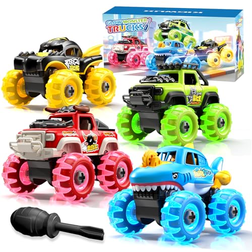 Kigwux 4 Pack Monster Truck Toys for 2 3 4 5 6 7 Year Boys, Light-Up Car Toys with Light-Up Wheels, Take Apart Toys Trucks for Toddler Toys 2-3, Birthday for Toddler Boys Ages 2-4
